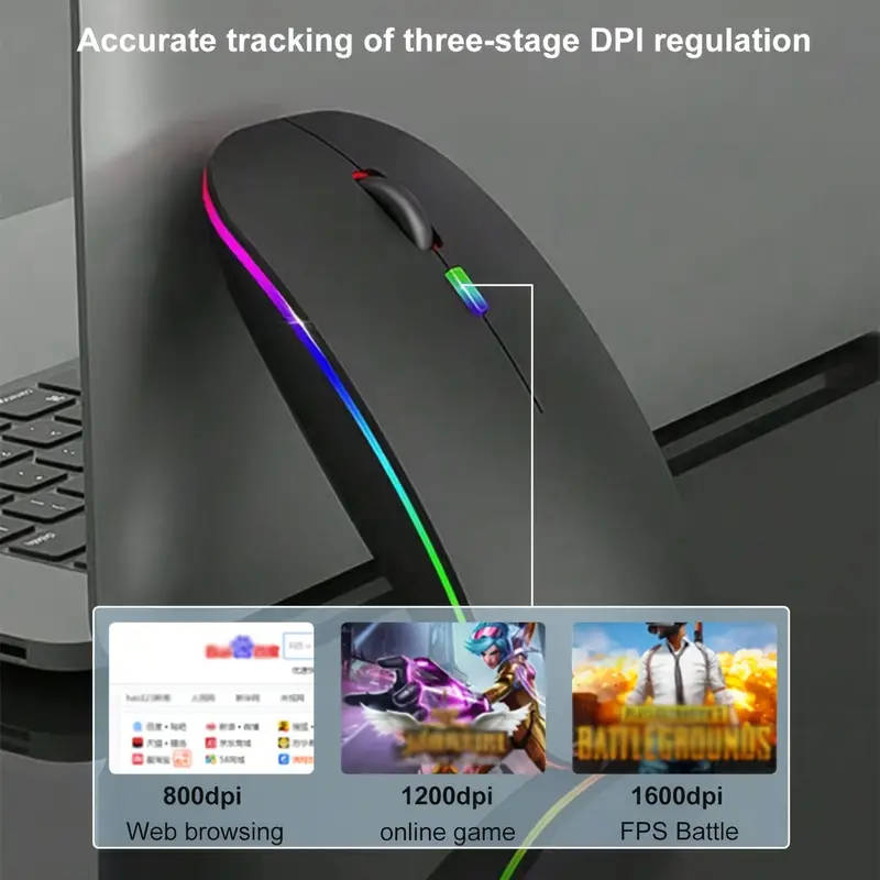 Dual Mode Silent Wireless Mouse with RGB Backlight, Adjustable DPI for Gaming & Office - Cordless