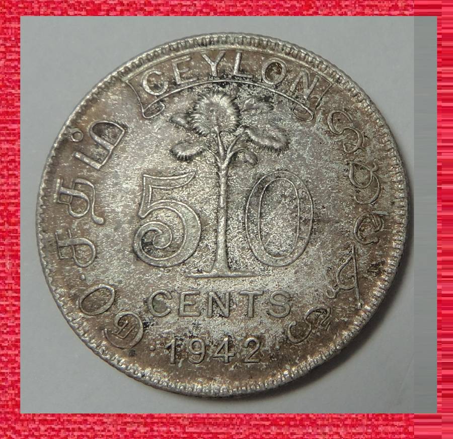 Ceylon, King George VI, Silver 50 Cents of 1942