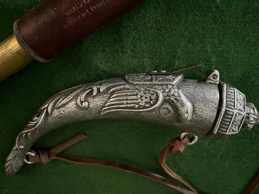 Bar Display items : beautiful vintage style display items - lead powder horn and old scope