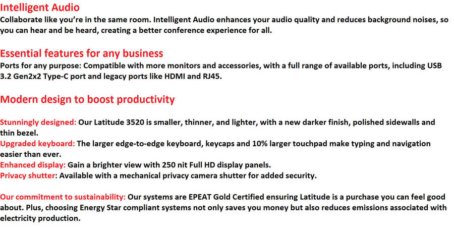 Dell Latitude 3520 Intel Core i5-1135G7 @2.40GHz.16GB RAM,256GB SSD, INTEL IRIS Xe Graphics, 15"FHD