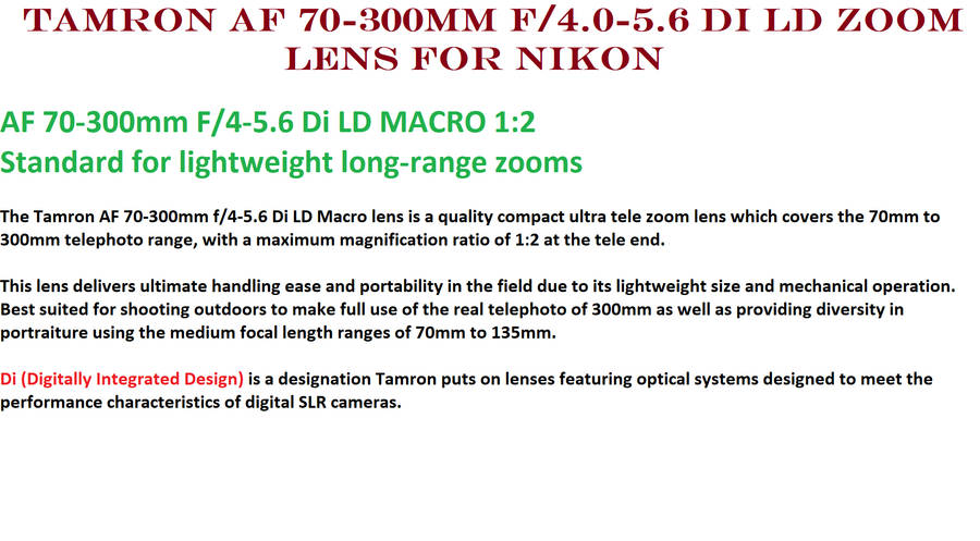 Tamron A F 70-300mm f/4.0-5.6 Di LD Macro Zoom Lens with Built in Motor for Nikon Digital SLR