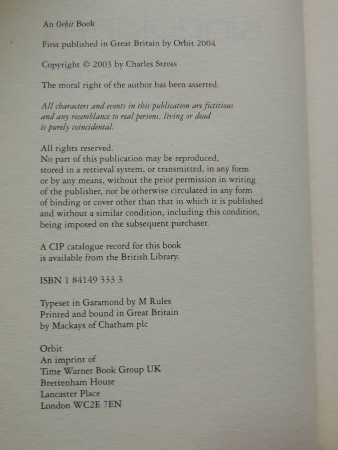 Singularity Sky - Charles Stross  1st British Ed 2004, Author's 1st Novel Hard Cover  First Edition