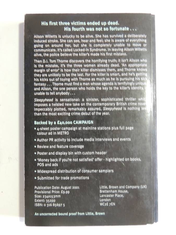 Sleepy Head - Mark Billingham     FIRST NOVEL, UNCORRECTED PROOF
