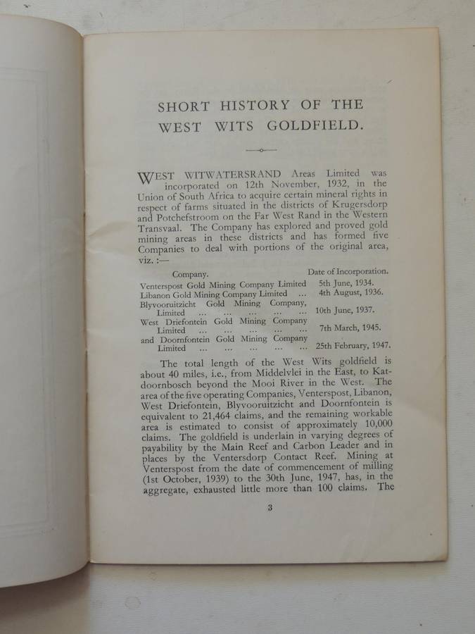 Short History Of The West Wits Goldfield ( Scarce1948)
