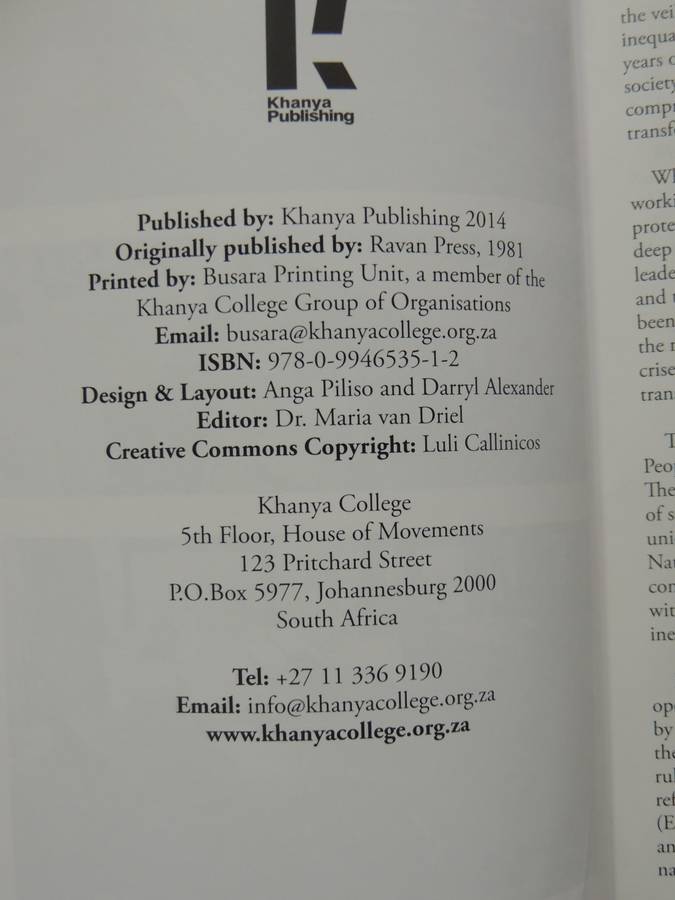 Gold & Workers: A People's History Of South Africa 1886-1924 Vol 1 - Luli Callinicos  (2nd Edition)