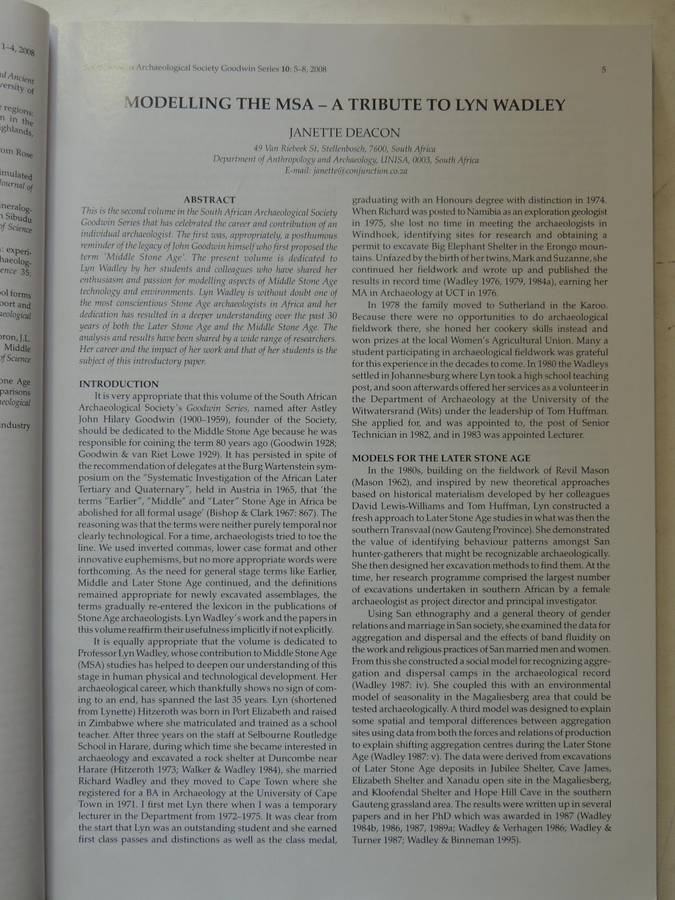 South African Archaeological Society Goodwin Series Volume 10 December 2008: Current Themes In Middl