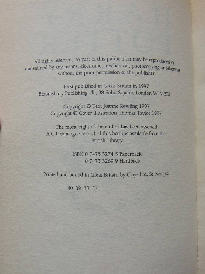 Harry Potter And The Philosopher's Stone - JK Rowling   FIRST EDITION 37th Printing