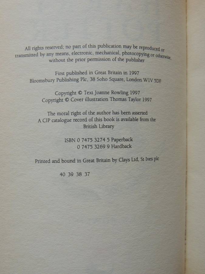 Harry Potter And The Philosopher's Stone - JK Rowling   FIRST EDITION 37th Printing