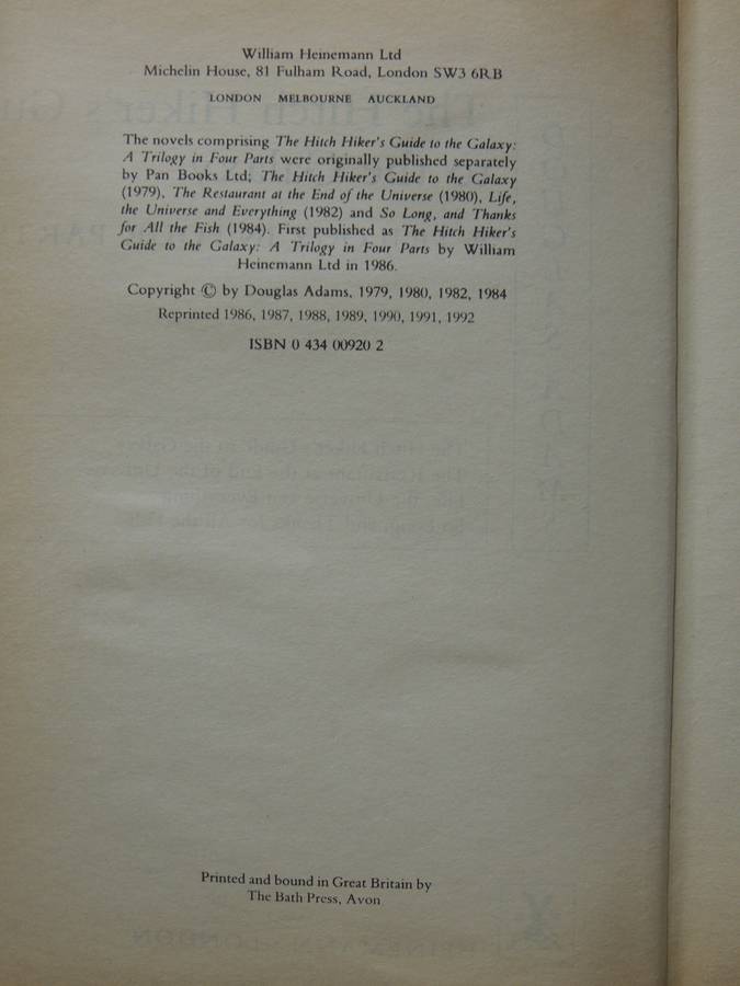 Hitchhiker's Guide nto the Galaxy, A Trilogy in Four Parts - Douglas Adams  1992 HC