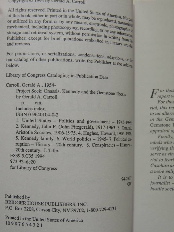 Project Seek: Onassis,Kennedy And Gemstone Thesis - Gerald A Carroll