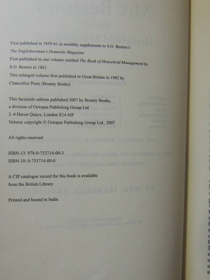 Mrs Beeton's Book Of Household Management: An Illustrated Facsimile Of The First Edition Isabella Be