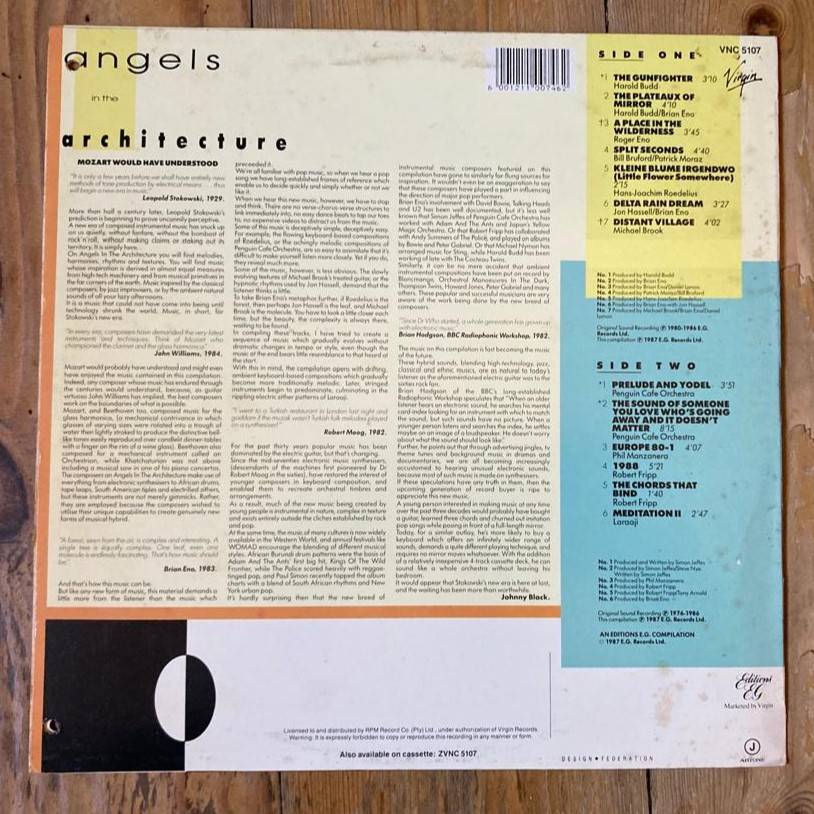 Various - Angels In the Architecture LP/Comp. (1987 SA press) VG+/VG [Eno, Laraaji, Fripp, Budd]