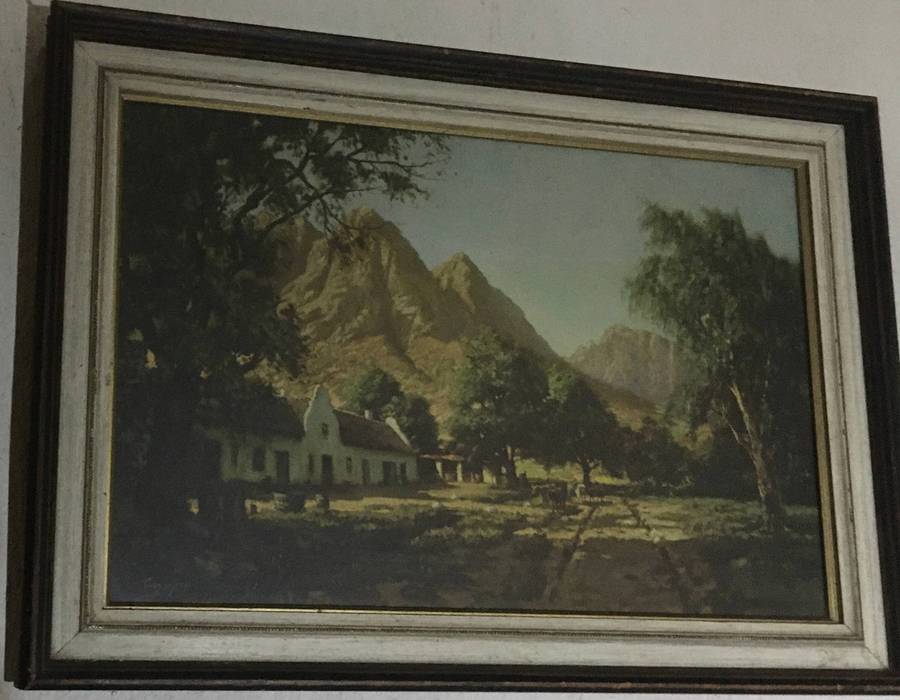 Tinus de Jongh framed print of a Cape Dutch home. Vintage