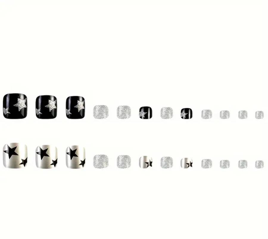 24 piece Black & Silver Star Press On Toenails