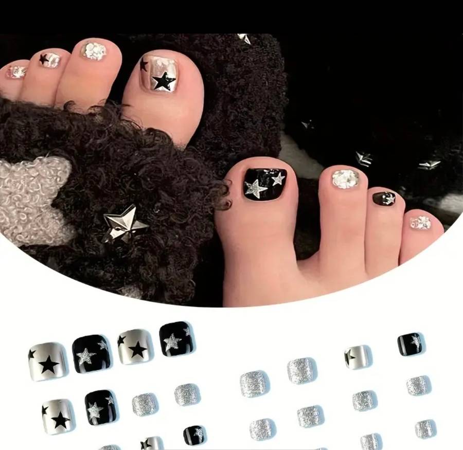 24 piece Black & Silver Star Press On Toenails