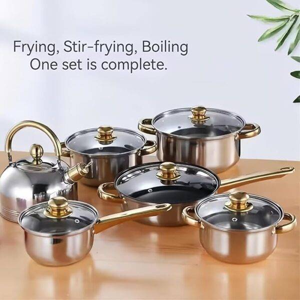 Durable 12-Piece Cookware Set With Gold Handle (With Whistling Kettle)