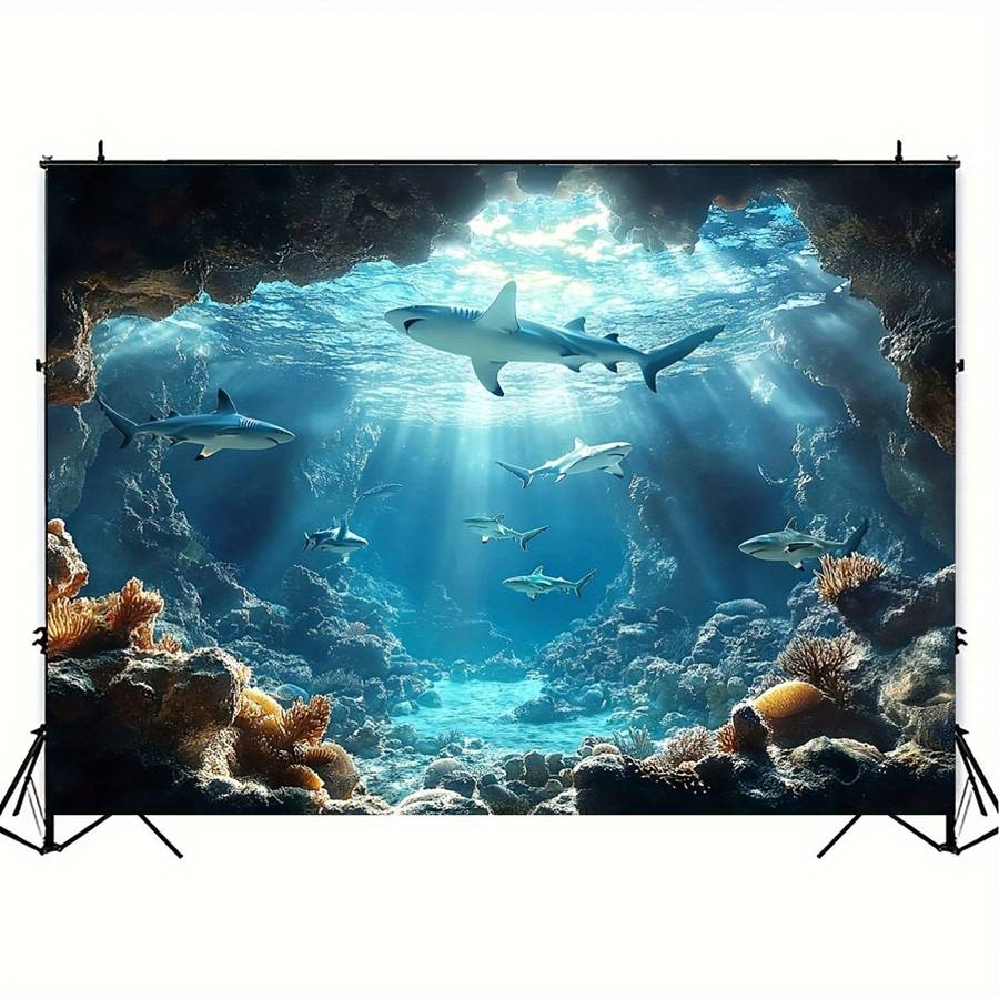 1pc Underwater Sea Life Polyester Backdrop, Ocean Shark Coral Fish Wall Decor