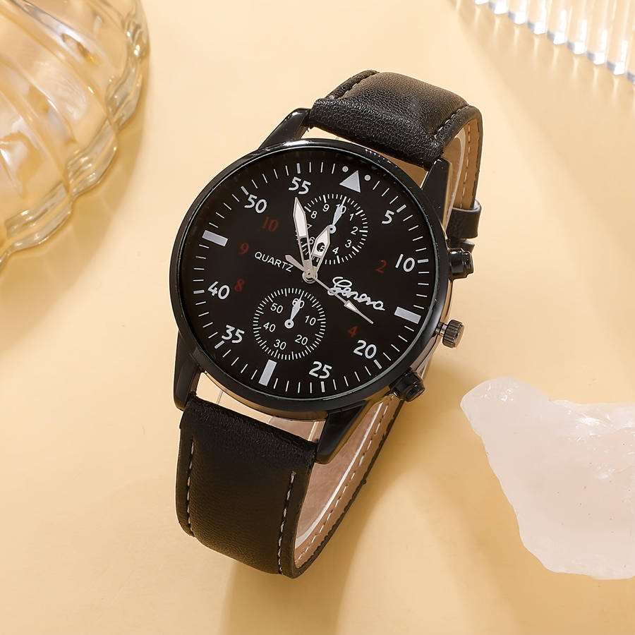 5 Piece Men's Casual Black Quartz Watch and Bracelet Set