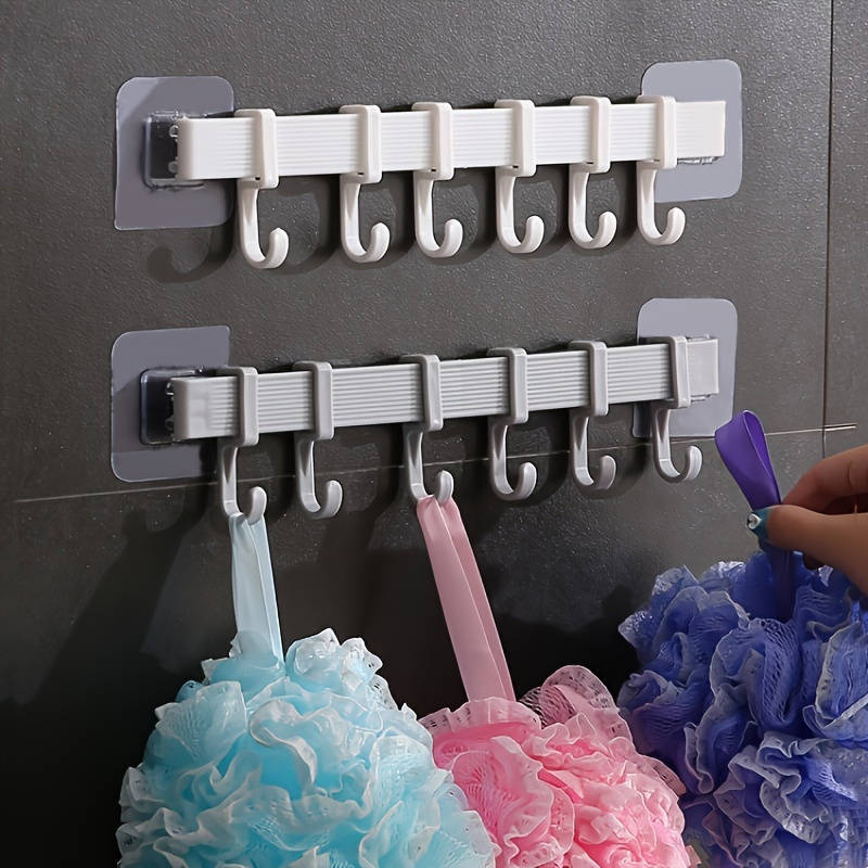 1 Set Adjustable Kitchen Storage Rack with 6 Wall Hooks