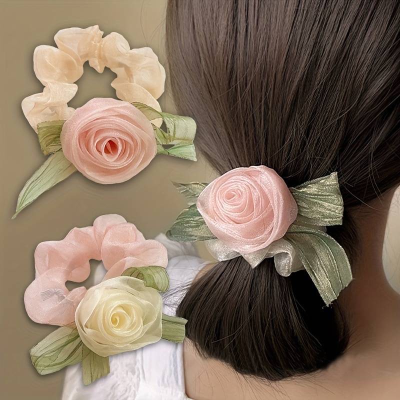 Elegant Mesh Rose Flower Hair Ties Set