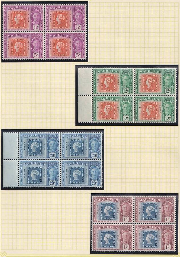 MAURITIUS 1948 Centenary of 1st Colonial Postage Stamp complete set in superb blocks of 4 (MNH)