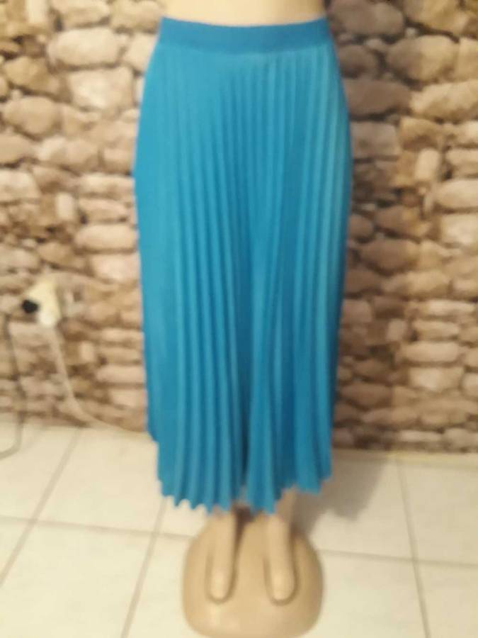 VINTAGE BLUE PLEATED PATTERN SKIRT - UNLINED - SIZE L/12/36 - IN AS NEW CONDITION