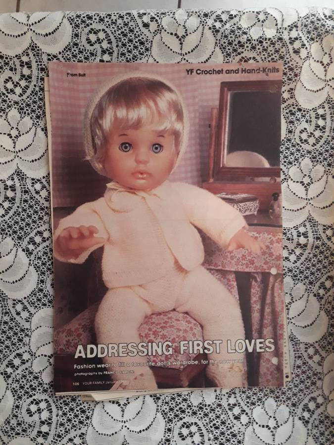 FIRST LOVE DOLL PATTERNS - ADDRESSING FIRST LOVES 3 OUTFITS  2 TO KNIT AND 1 TO CROCHET!