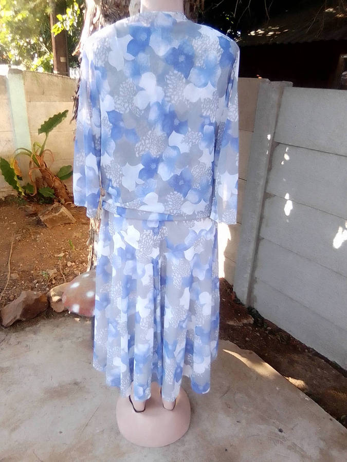 Vintage Blue, Grey & White Dress with Matching Cover Jacket - Size 16 and Half