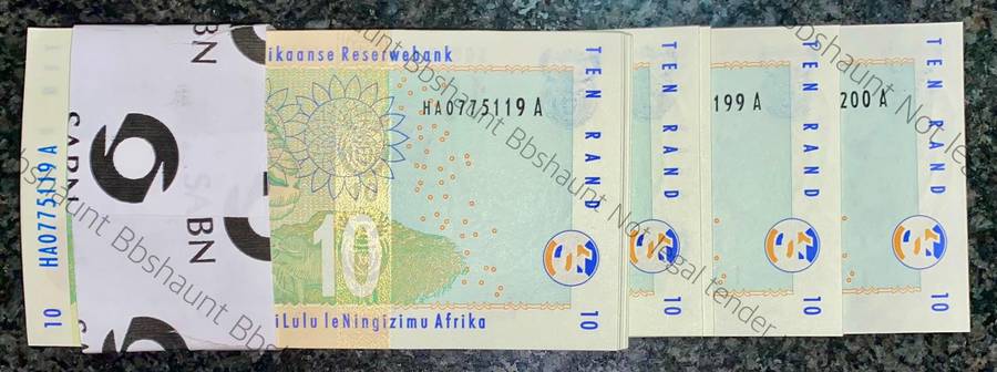 TT Mboweni Pack R10 in seq HA0775119-200 -- 82 note 2nd issue 2004 Rhino wtm with original bank band