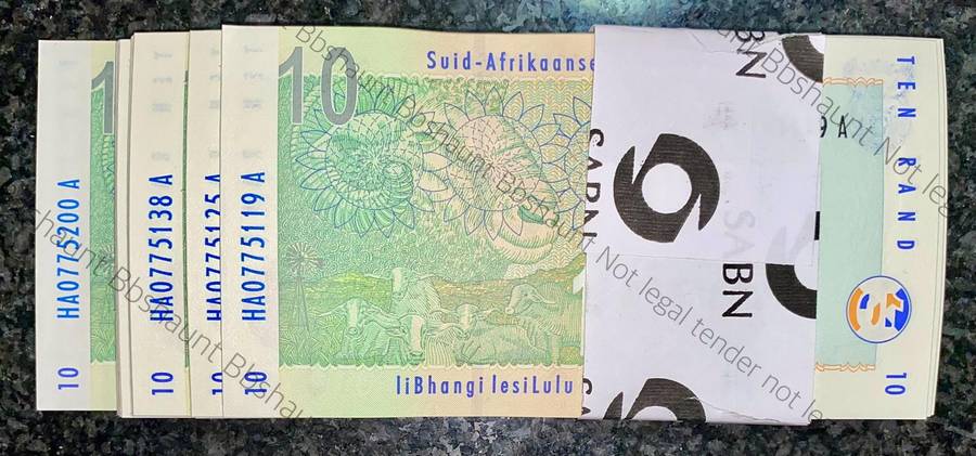 TT Mboweni Pack R10 in seq HA0775119-200 -- 82 note 2nd issue 2004 Rhino wtm with original bank band