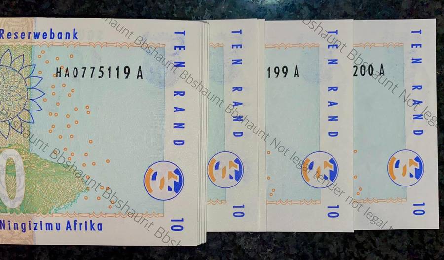 TT Mboweni Pack R10 in seq HA0775119-200 -- 82 note 2nd issue 2004 Rhino wtm with original bank band