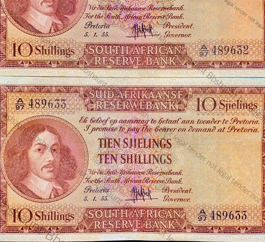 MH DE KOCK 10 SHILLINGS IN SEQUENCE A97 /489633-632 E/A 5.1.1955 CRISP NOTES EF (1 BID TAKES ALL)