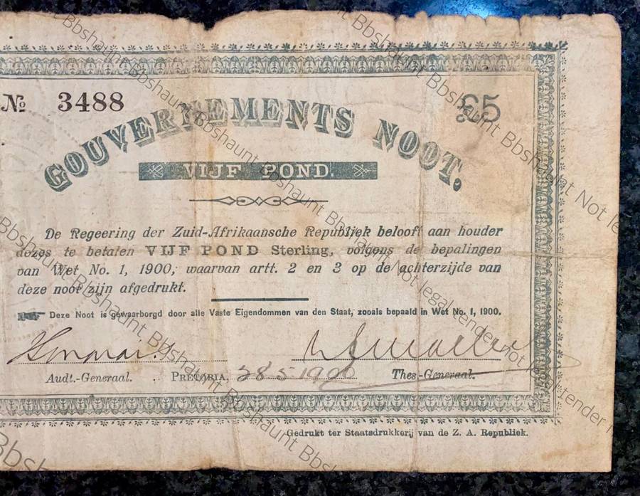 Z.A.R Pretoria 5 pound Government Noot 28-5-1900 -- 3488 Star Boarder