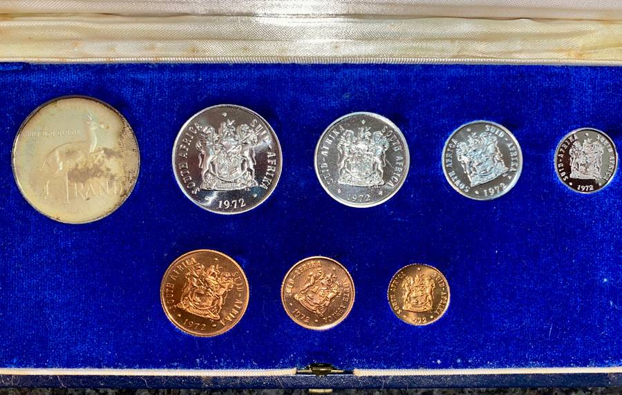 SOUTH AFRICA PROOF SET SILVER R1 TO 1/2 CENT -- 1972 -- IN BLUE SA MINT BOX