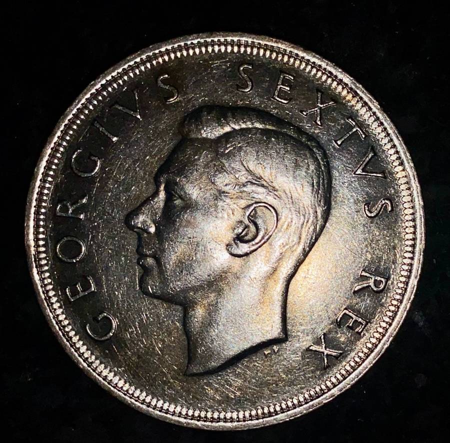 SA Union silver 5 shillings 1952 gold toning