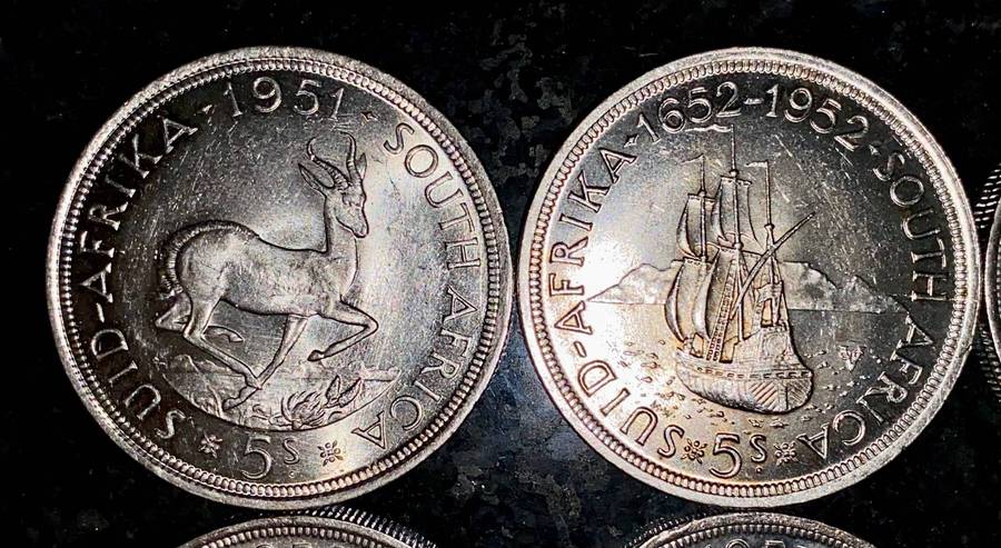 SA Union Silver Set 5 shillings 1951 - 1952 - 1953 - 1956 - 1957 - 1958 - good condition