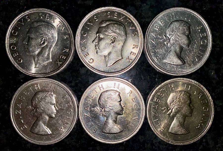 SA Union Silver Set 5 shillings 1951 - 1952 - 1953 - 1956 - 1957 - 1958 - good condition