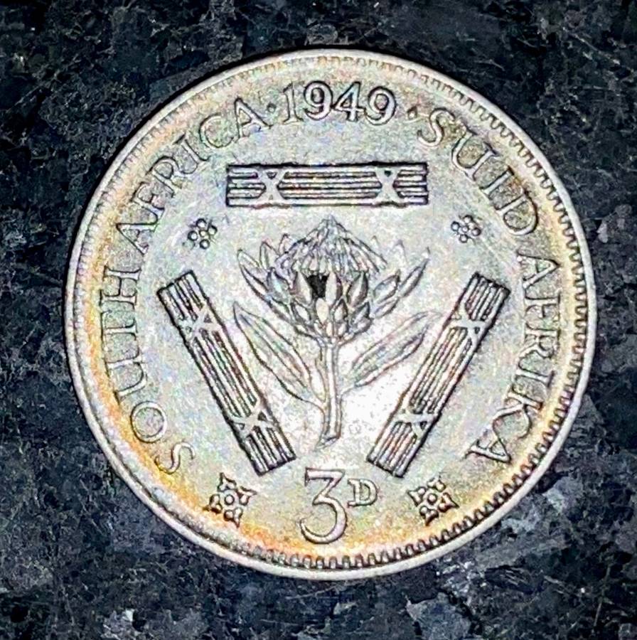 S A Union. silver 3d threepence 1949