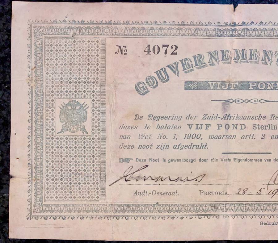 Z.A.R Pretoria 5 pound Government Noot 28-5-1900 -- no 4072 Star Boarder