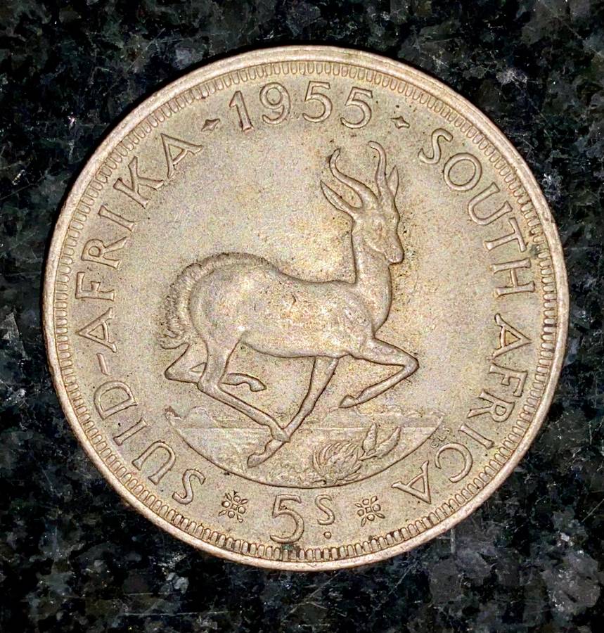 S A UNION SILVER 5 SHILLINGS 1955 MINTAGE ONLY 45080 VERY GOOD CONDITION SILVER CROWN