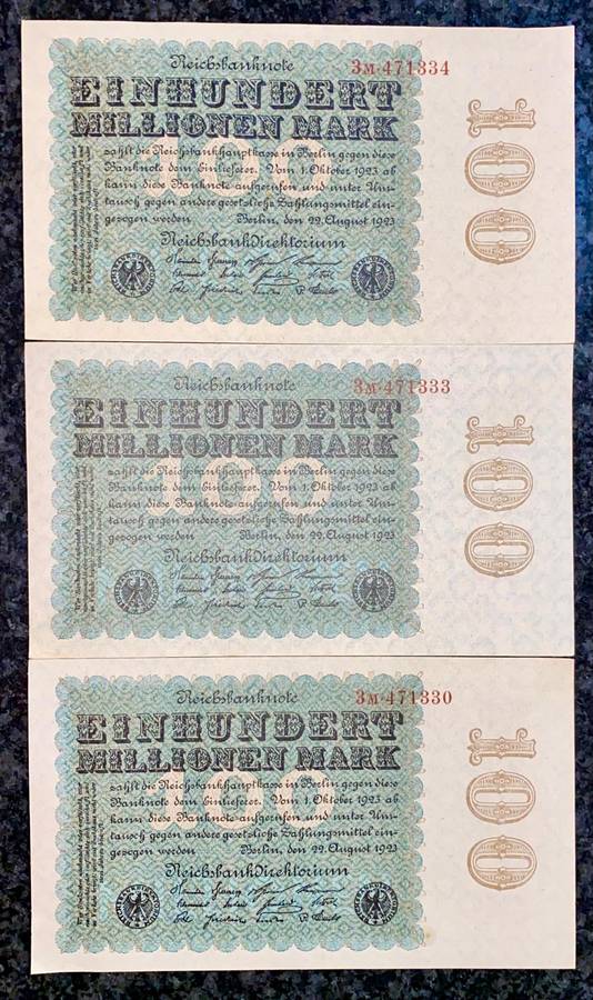 Germany. 100 million mark in sequence 471333-334 & 330 unc-aunc 1923 (1 bid takes all)