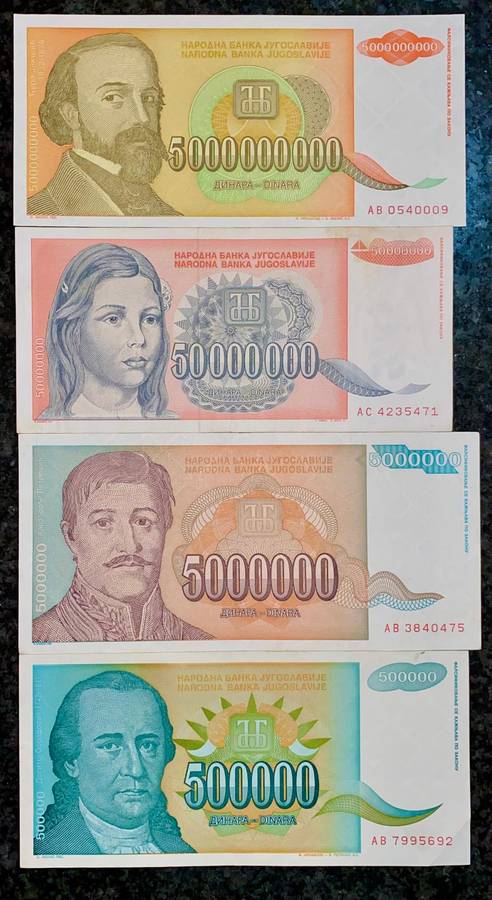 Yugoslavia. Set 5 billion dinars to 500 thousand dinars 1993 (1 bid takes all)