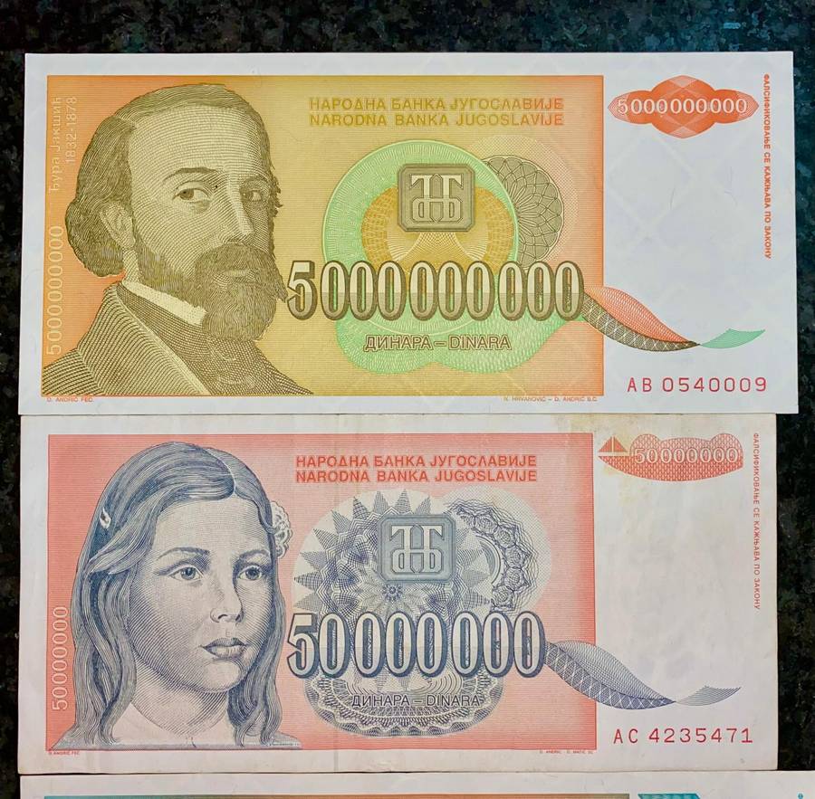 Yugoslavia. Set 5 billion dinars to 500 thousand dinars 1993 (1 bid takes all)