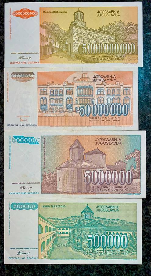 Yugoslavia. Set 5 billion dinars to 500 thousand dinars 1993 (1 bid takes all)