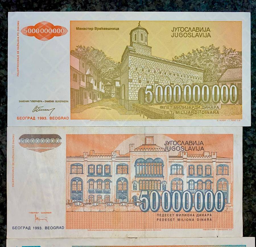 Yugoslavia. Set 5 billion dinars to 500 thousand dinars 1993 (1 bid takes all)