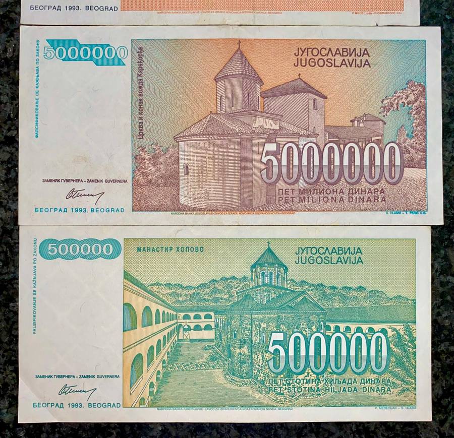 Yugoslavia. Set 5 billion dinars to 500 thousand dinars 1993 (1 bid takes all)