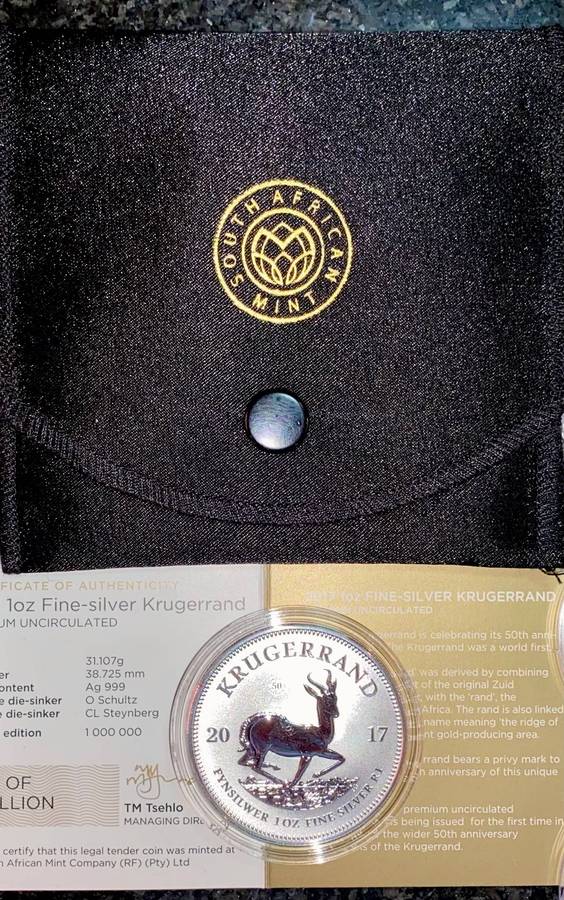 South Africa 1oz Silver Krugerrand - Premium UNC 2017 Still Sealed as from SA Mint pouch & cert