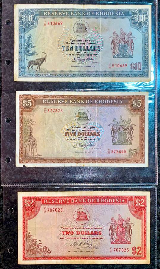 Rhodesia Set 10 dollars - 5 dollars 1979 bird wtm & 2 dollars 1970 CJ Rhodes wtm (1 bid takes all)