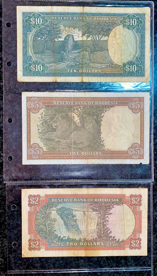 Rhodesia Set 10 dollars - 5 dollars 1979 bird wtm & 2 dollars 1970 CJ Rhodes wtm (1 bid takes all)