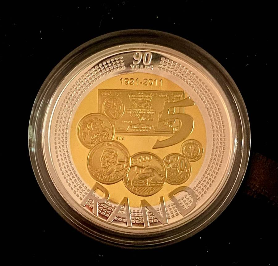 South Africa. Proof Silver R5 - Bi-Colour 2011 sterling silver 24ct gold plated in sam box + cert